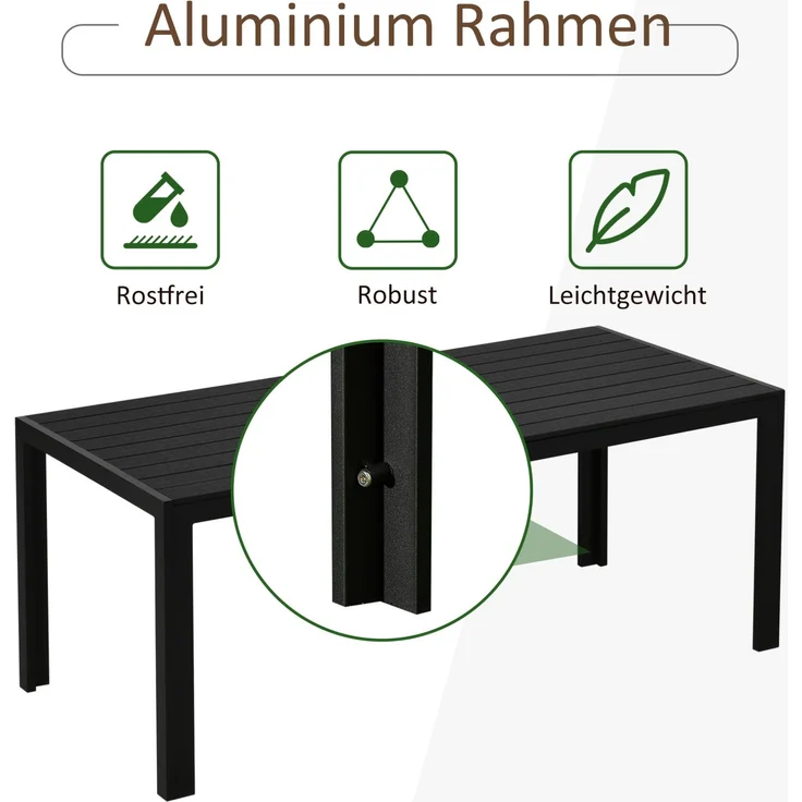 Gartentisch 190 x 84,5 x 72 cm aus Aluminium und Holz-Kunststoff-Verbundstoff – wetterfest in Schwarz – Bild 6