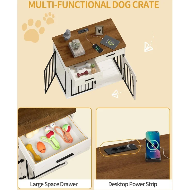 Hzuaneri Hundekäfig, mit 2 Schubladen, für den Innenbereich mit Ladestation, Beistelltisch, für mittelgroße/große Hunde, Holz Weiß Braun, 100 × 60 × 81 cm – Bild 6
