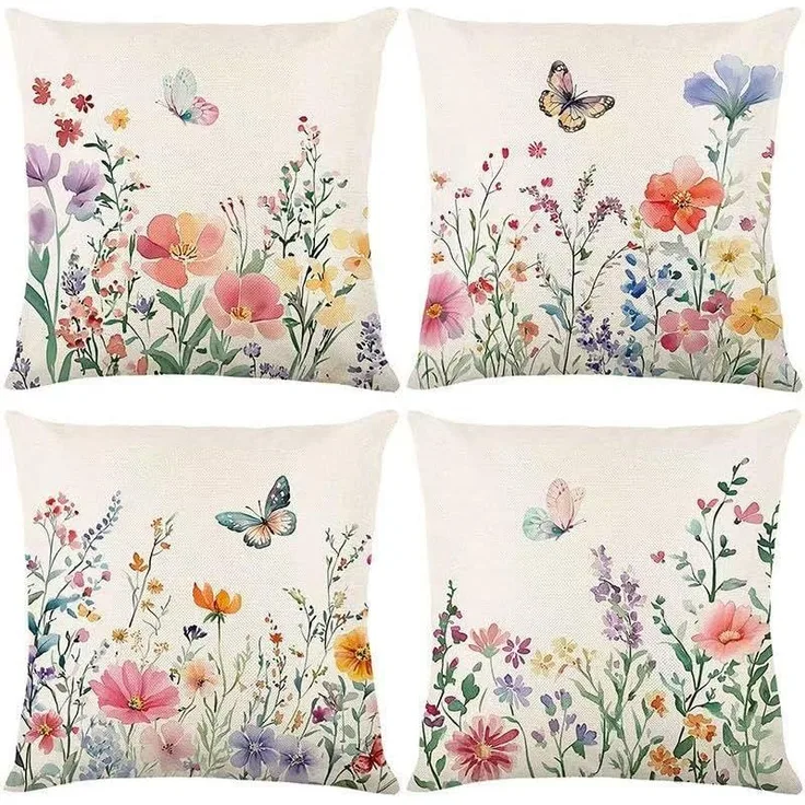 Kissenbezüge 45×45 cm 4er-Set Blumen & Schmetterling, Frühling/Sommer Farmhouse Sofa