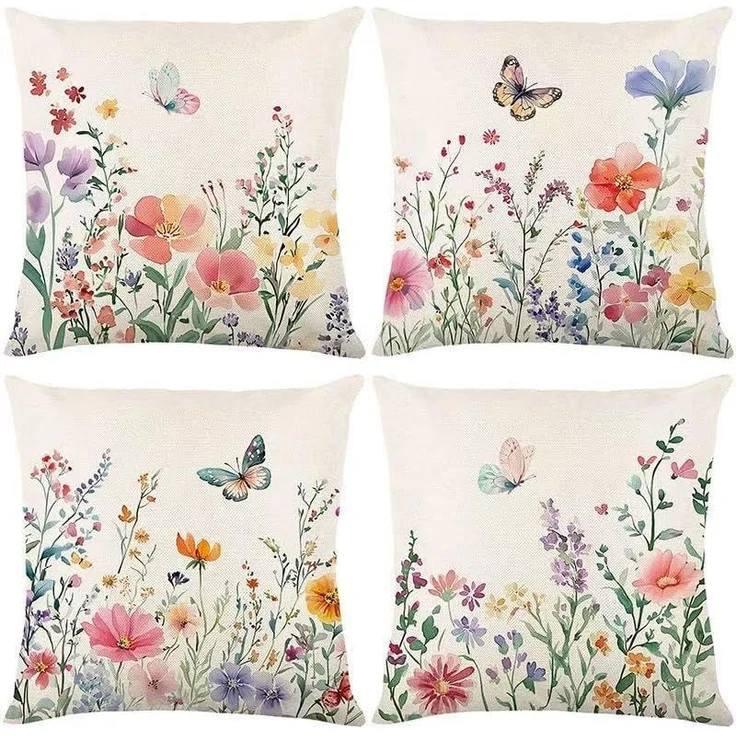 Kissenbezüge 45×45 cm 4er-Set Blumen & Schmetterling, Frühling/Sommer Farmhouse Sofa – Bild 1