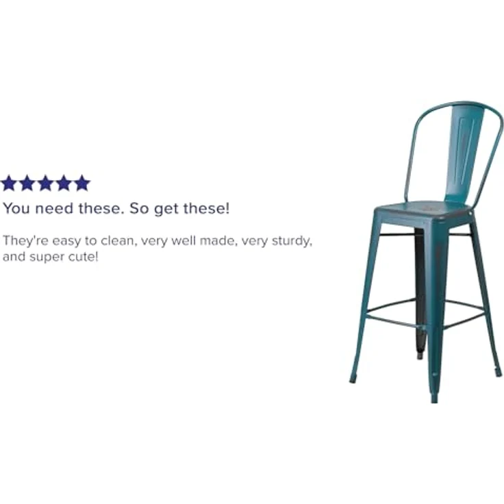 Flash Furniture Blake Barhocker mit Rückenlehne, kommerzielle Qualität, 76,2 cm hoch, Used-Look, Blaugrün, Metall, für drinnen und draußen, 4 Stück – Bild 7