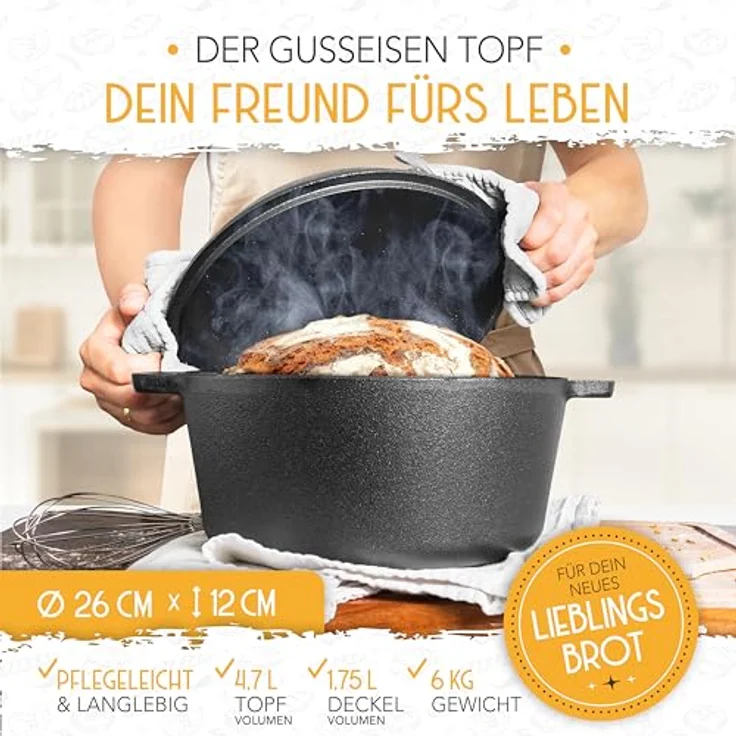 Krustenzauber Brotbackform 26cm Gusseisen Topf Brot Backen inkl. Gärkorb, (Robuster Brottopf mit Deckel - Idealer Brotbacktopf), Brotbackset Gusseisentopf Brotbacken, Brot Backen Zubehör, Brotform – Bild 6