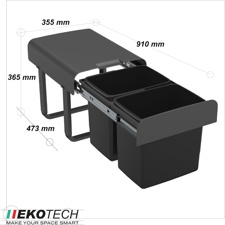 Ekotech EKKO. 22 Abfallsammler Vollauszug Kunststoff oriongrau 2x15 L für 40 cm Unterschrank – Bild 3