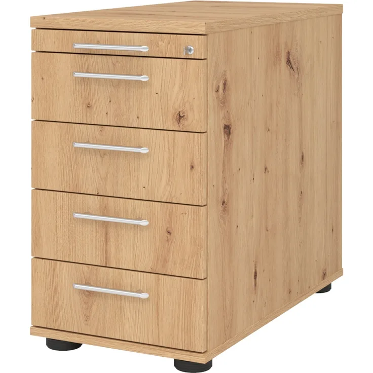 bümö Schreibtisch Schrank abschließbar, Schubladenschrank Holz in Asteiche, Container mit Schubladen - Schubladen Schrank Büro, Schreibtisch Container od. Schreibtisch Kommode mit Relinggriffe, SC50-R-R-RE