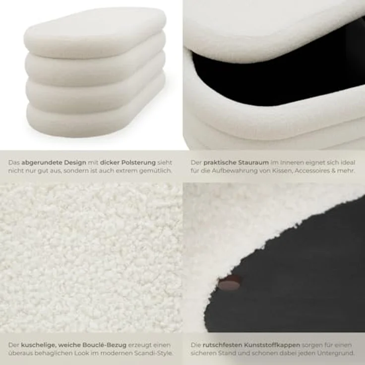 tectake® Sitzbank mit Stauraum, Scandi Sitzhocker, Hocker mit Stauraum, Teddy Stoff, Pouf, Polsterhocker, Sitztruhe, Truhe mit Deckel, Truhenbank mit Stauraum, Möbel für Wohnzimmer - Bouclé créme-weiß – Bild 6