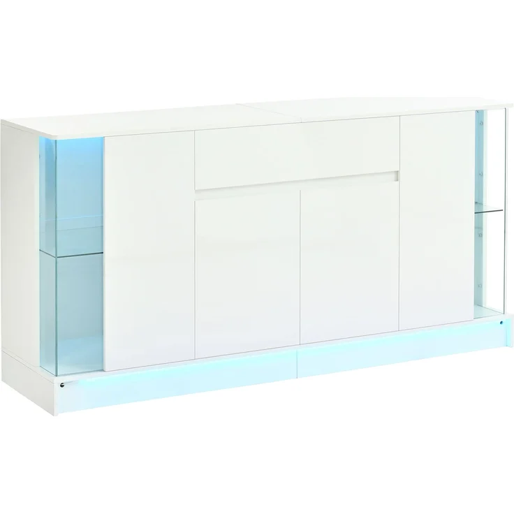 Sideboard 150 x 40 x 75 cm aus Spanplatte in Weiß Hochglanz mit Glasvitrinen und App-gesteuerter LED-Beleuchtung – Bild 7