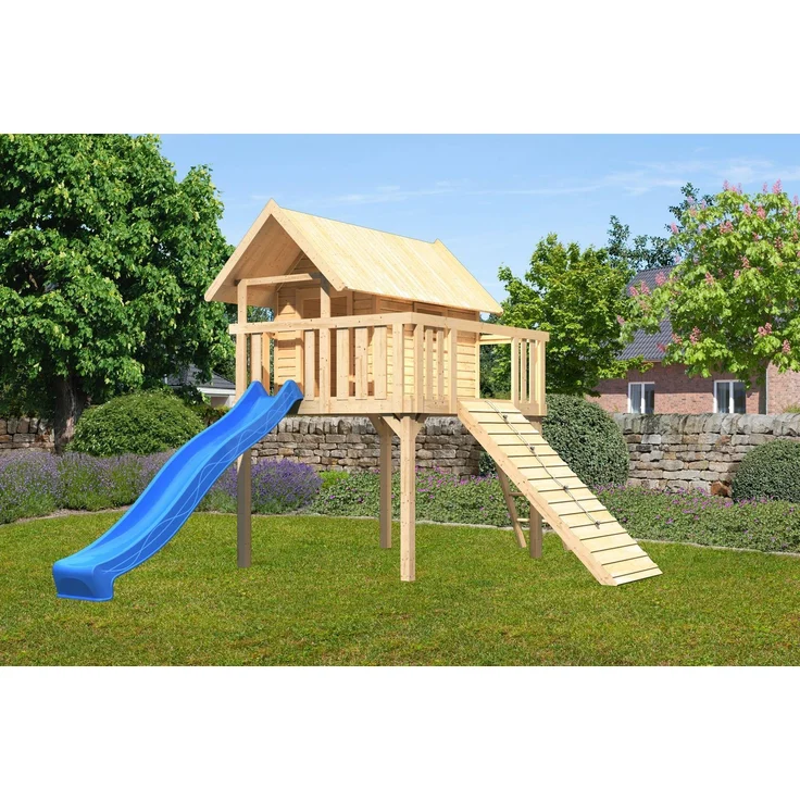 Karibu Stelzenhaus Fidel Set Aktion2 naturbelassen mit Rutsche und Holzrampe blau – Bild 4