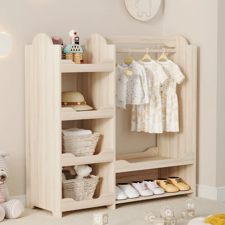 Wohnora-Kindergarderobe/Kinderkleiderschrank mit Kleiderstange & 4 Regalen, Aufbewahrung für Kinderzimmer, Standgarderobe Naturholz, 110*39*110 cm,H 110cm x T 110cm x B 39cm,Natürlich