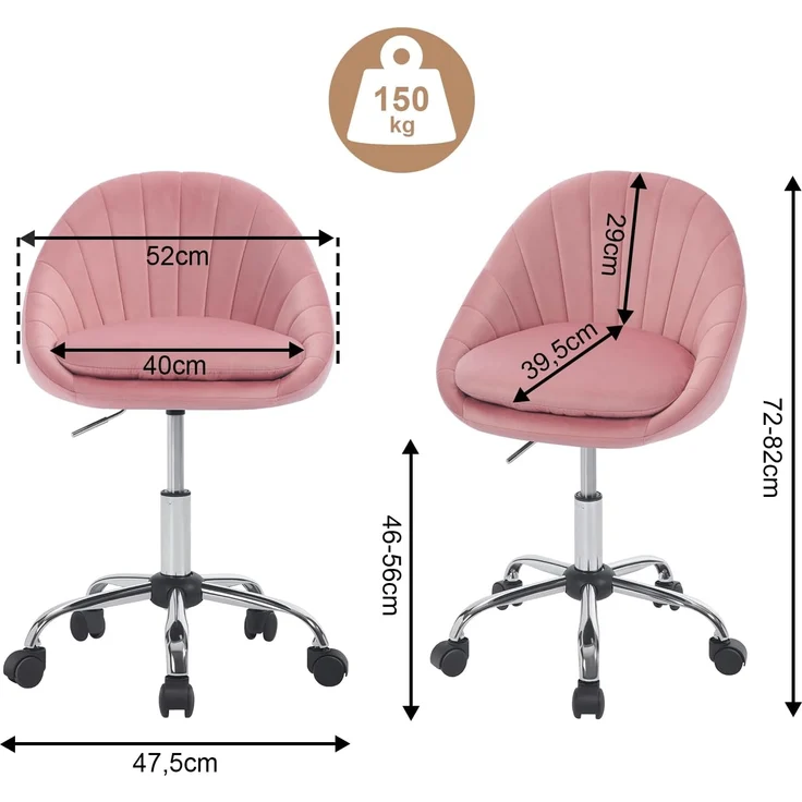 WOLTU Homeoffice Stuhl, Bürostuhl ergonomisch, Schminkstuhl drehbar, Drehstuhl mit Rollen, Schreibtischstuhl 150 kg belastbar, für Arbeitszimmer Schlafzimmer, Samt, Rosa, BS167rs – Bild 3