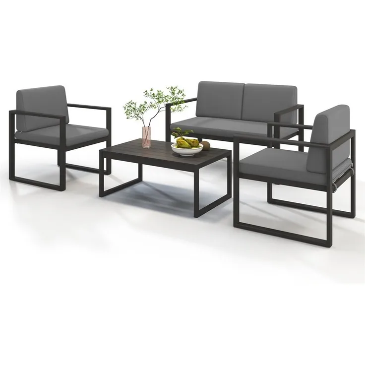 Melko Sitzgruppe Sitzgarnitur Aluminium Gartenset wetterfest Essgruppe Grau Lounge, (Set, 4-tlg, Möbelset bestehend aus 2er Sitzer Sofa, 2 Sessel und Beistelltisch), wasserabweisende Kissen mit Bändern zum Befestigen am Sessel