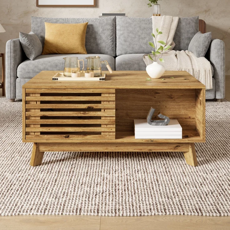 Couchtisch Modern Retro, höhenverstellbare Tischplatte, verschiebbare Jalousietür, Holz-Optik, MDF-Korpus, multifunktionaler Wohnzimmertisch--Natürlich--90x55x57.5cm--YOUDENOVA – Bild 1