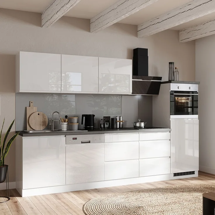 Küchenzeile 300 cm, inkl. E-Geräte, in Hochglanz weiß, Arbeitsplatte Betonoptik MARSEILLE-03