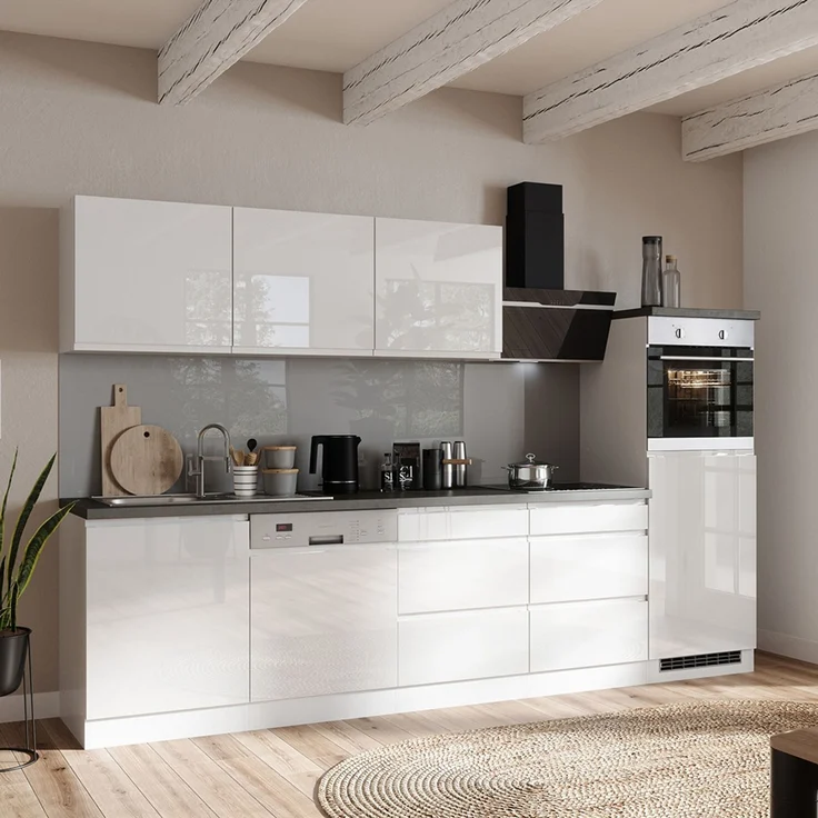 Küchenzeile 300 cm, inkl. E-Geräte, in Hochglanz weiß, Arbeitsplatte Betonoptik MARSEILLE-03 – Bild 1