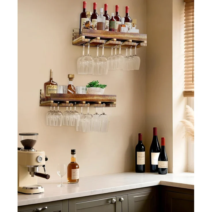 Yorbay Weinregal Set, Weinregal aus Holz Wandregal für Flaschen & Gläser, Wandregal Wandmontiertes Weinregal – Bild 8
