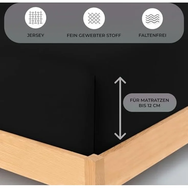 Buymax® Topper Spannbettlaken 200x200 cm Spannbetttuch 100% Baumwolle Jersey für Matratzentopper bis 12 cm Matratzenhöhe Bettlaken für Boxspringbett Topper, Schwarz – Bild 3