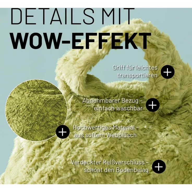 Lumaland 'Luxury Fluffy' Sitzsack, Webplüsch, Grün, 60 x 45 cm, 120 l – Bild 5