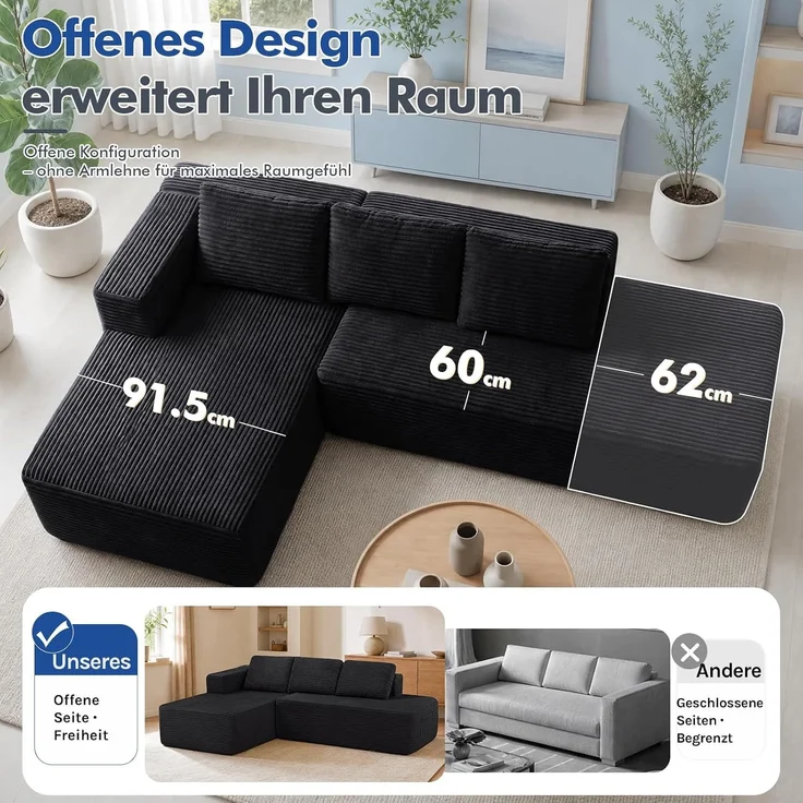 COMHOMA Ecksofa mit Schlaffunktion, 255cm Corduroy Modulares Boneless Couch mit Chaiselongue & Rücken-Metallgestell, L-Form Schlafsofa mit offenem Design, Kissen & Seitentaschen,für Wohnzimmer,Schwarz-R – Bild 10