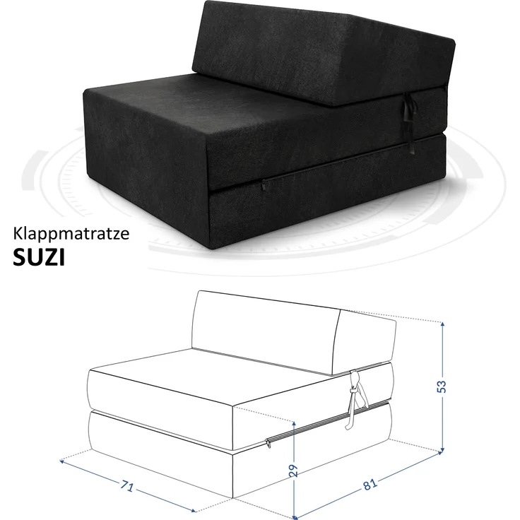 Futonsofa Klappmatratze SUZI Kaltschaum 70x200x14 cm TRINITY SCHWARZ – Bild 2