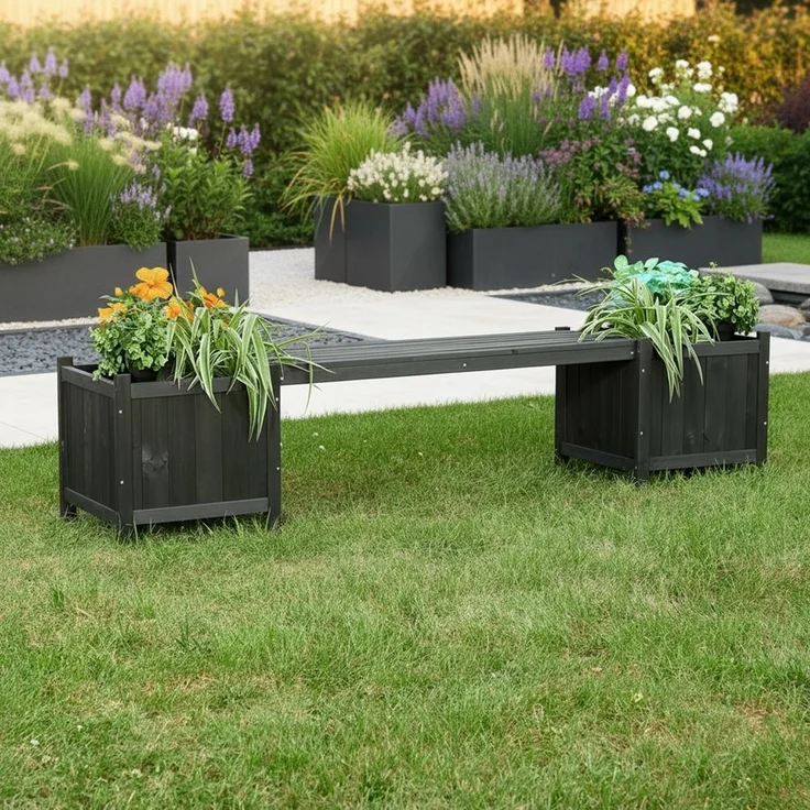 Gartenbank mit 2 Blumenkästen Garten Bank 2in1 Blumenkasten Holzbank schwarz – Bild 9