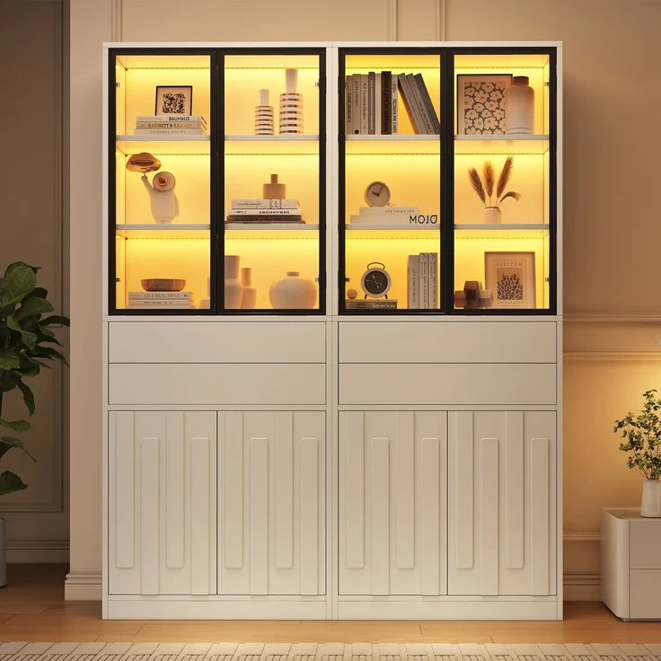 Zweiteilige Vitrine, B 140 x T 34 x H 180 cm, mattweiße Spanplatte, kombinierbar, mit LED-Beleuchtung – Bild 3