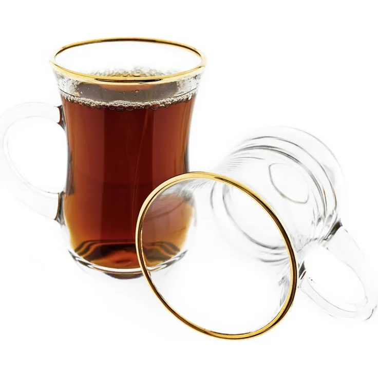 6-teiliges Teegläser-Set mit Henkel, Glas, Transparent mit Goldumrandung, 145 ml