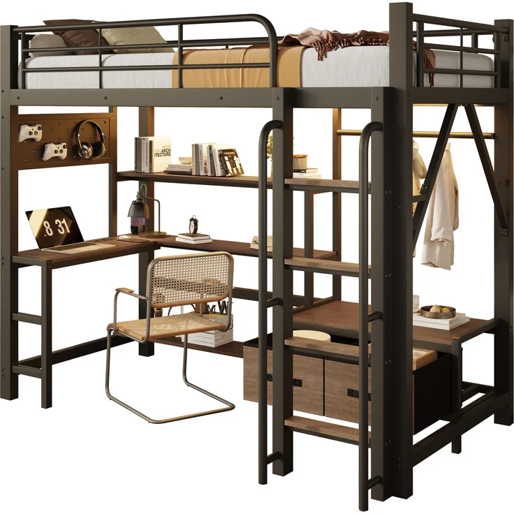 Hochbett 90x200 cm mit Schreibtisch, LED-Lichtleiste, USB-Anschluss und Stauraum, Schwarz – Ohne Matratze – Bild 4