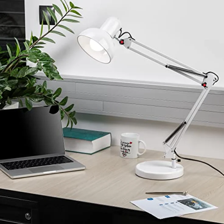 Virone Deon Schreibtischlampe E27 60W, flimmerfreies Licht, schwenkbarer Lampenkopf, stabiler Metallrahmen, weiß – Bild 2