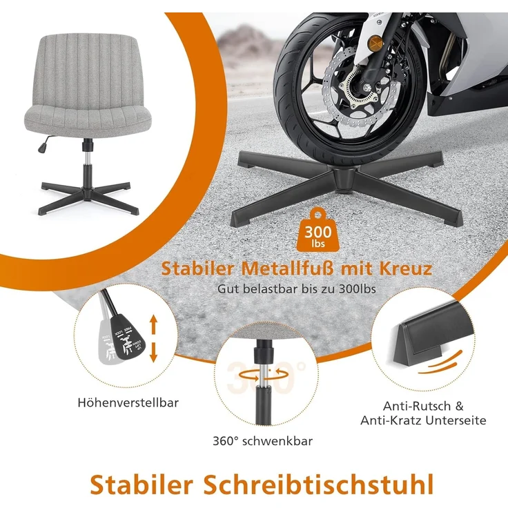 Sweetcrispy Bürostuhl Ohne Armlehnen, Schreibtischstuhl mit Stoffbezug, Lesesessel mit Breiterem Polster zum Sitzen im Schneidersitz Stuhl, Höhenverstellbar, 360° Drehstuhl für Haus, Grau – Bild 6