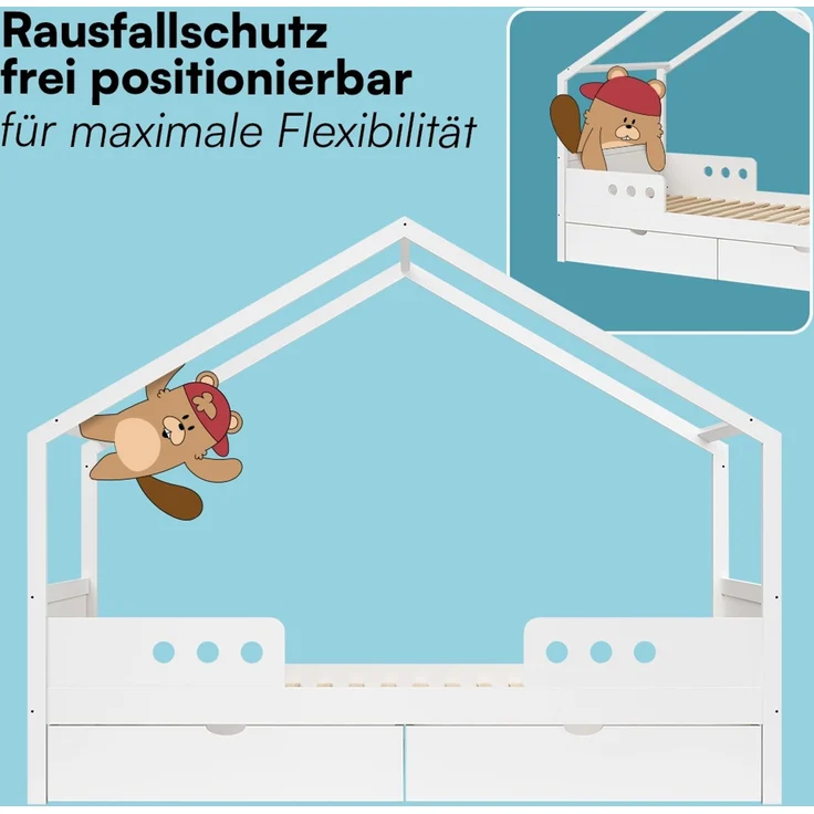 Bellabino 'Bela' Hausbett 90x200 cm mit Matratze und großer Schublade, weiß, Kiefer Massivholz, Montessori Kinderbett mit Stauraum, inkl. Rausfallschutz und Lattenrost – Bild 8