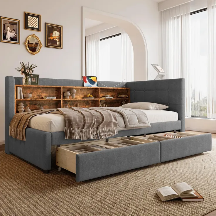 Stauraumbett mit Schubladen, Lattenrost, Regal, USB und Type-C Anschluss, 90x200 cm, Einzelbett, Polsterbett, Leinen