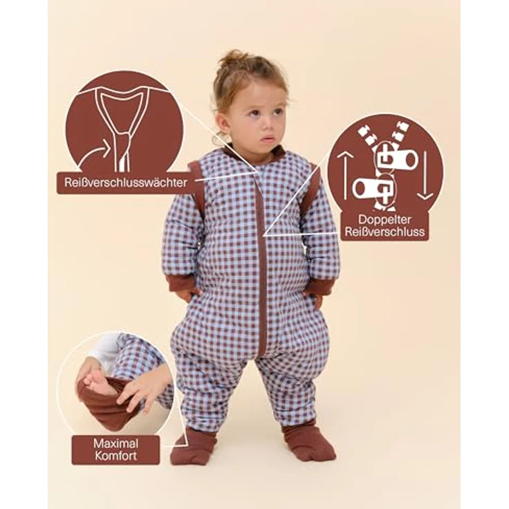 molis&co. Baby-Schlafsack mit Füßen, abnehmbare Ärmel und Socken. 2.5 TOG. Ideal für die Übergangszeit und den Winter. 100% Baumwolle (Oeko-TEX 100). (Vichy Brown&Blue, 90 cm (3 Jahre)) – Bild 4