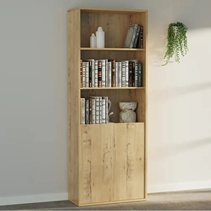 Muebles Pitarch | Bücherregal für Büro oder Arbeitszimmer mit 2 Türen und 4 Regalen, Wohnzimmer-Bücherregal, Gold Eiche, 196,5 x 75,5 x 33 cm (Höhe x Breite x Tiefe), einfach, elegant und robust – Bild 2
