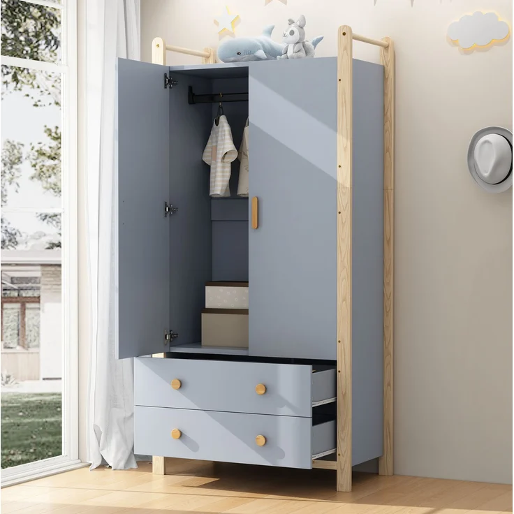 CHICFURN Kleiderschrank-Set 2-tlg. 160x180,5x44 cm mit Kleiderstange und Schubladen – Blau/Natur – Bild 6