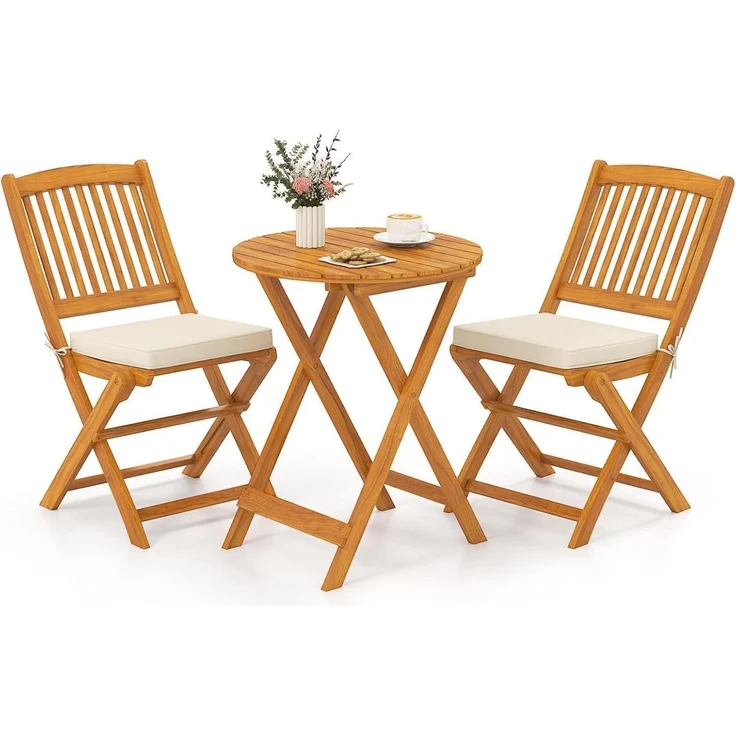 3tlg. Gartenmöbel Set Akazienholz klappbar Rundtisch 2 Stühle Kissen Beige – Bild 1