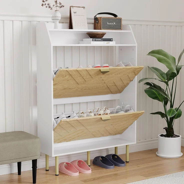 GarveeHome Schmaler Schuhschrank Mit 2 Klappen, Schlanker Freistehender Schuhschrank Für Den Eingangsbereich,Mit Kippschutz-Set, Verdecktes Schuhfach Mit Einlegeboden – Bild 3