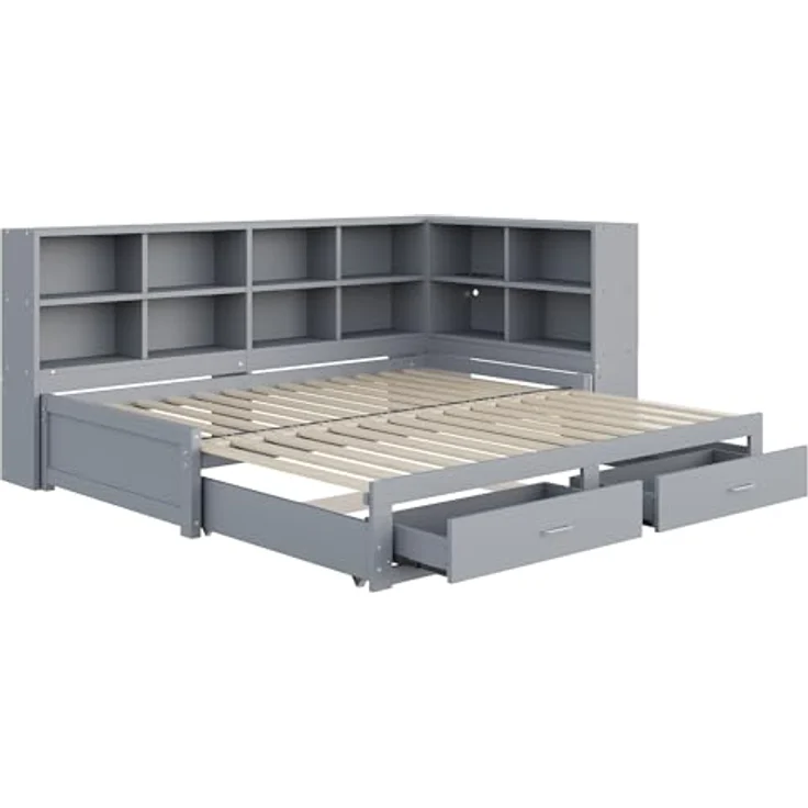 Ball & Cast Stauraumbett (90/180x190 cm) mit Schublade, Schlafsofa mit Vielen Ablagefächern + Multifunktionale Euro-Steckdose, Einfach & Zeitsparend Montierbar, Grau – Bild 9