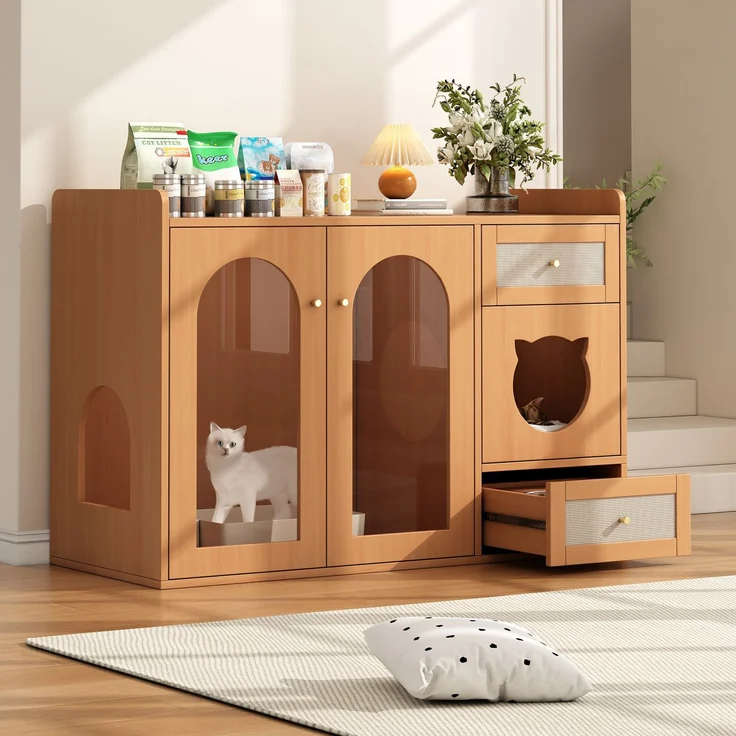 Mehrzweckiges Katzenhaus & Katzenkloschrank – haustiertierfreundlicher Beistellschrank mit Futterschalen, Katzenruheraum, Lagerbereich (ohne Katzenklo & Katzenkissen), Nussbaumfarben, 120x45x83 cm – Bild 3