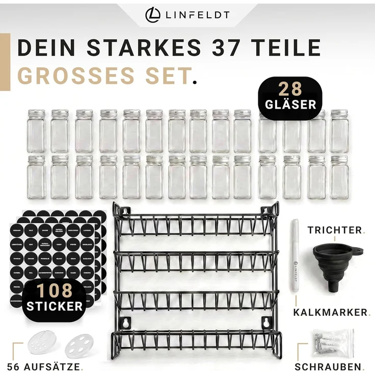 LINFELDT Gewürzregal Gewürzregal 28 Gläser + 108x Sticker, Stift, Schrauben zum Aufhängen – Bild 3