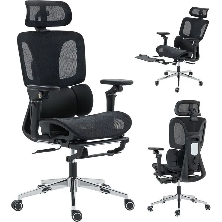 HOMCOM Bürostuhl mit verstellbar Lenden- und Kopfstütze, 5D-Klapparmlehnen, Fußstütze (Ergonomisch Schreibtischstuhl, 1 St), für Arbeitszimmer, Büro, Schwarz
