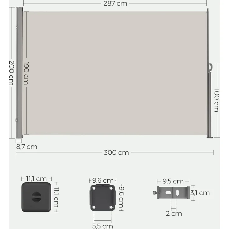 Songmics Seitenmarkise mit Stahl-Kasten, rostbeständig, ausziehbar, 200x300 cm, Sichtschutz, Sonnenschutz, Blickdicht, Seitenrollo, für Balkon, Terrasse, Garten, beige GSA200K02 – Bild 2