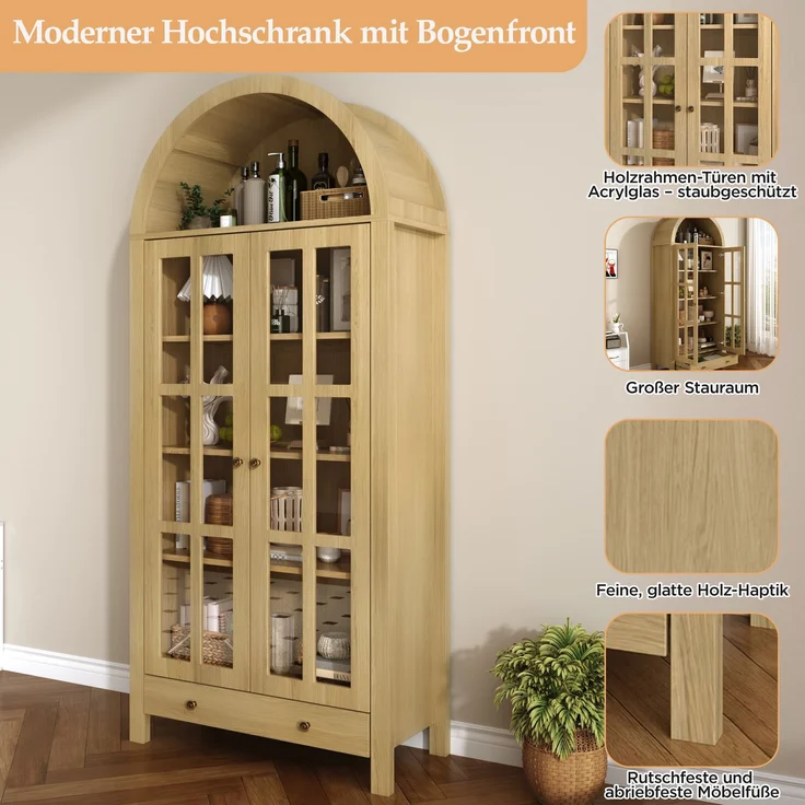 Moderner bogenförmiger Standhochschrank mit mehreren Regalebenen & Schublade – Multifunktionale Vitrine & Regalschrank mit höhenverstellbaren Einlegeböden für Wohnzimmer, Arbeitszimmer und Esszimmer--Natürlich--75x35x170.5cm--YOUDENOVA – Bild 10