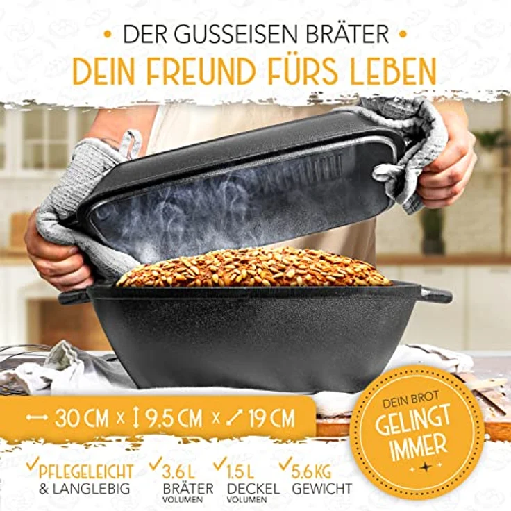 Krustenzauber Brotbackform 30cm Gusseisen Bräter mit Deckel backofengeeignet inkl. Gärkorb, (eckiger Topf Brot Backen - Ideal als Ofenform), Induktion, Brotbacktopf, Zubehör – Bild 6