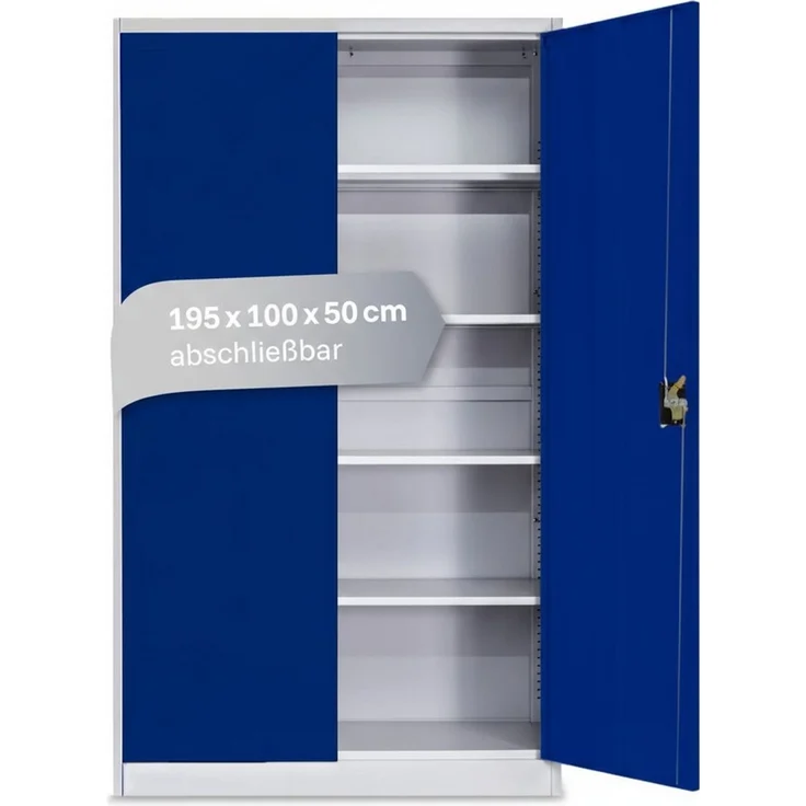 LagerZwei Aktenschrank Stahlschrank 195x100x50 cm (1-St) 3-fach verriegelt, 4 Böden, bis 60 Ordner, Flügeltüren 130° – Bild 1