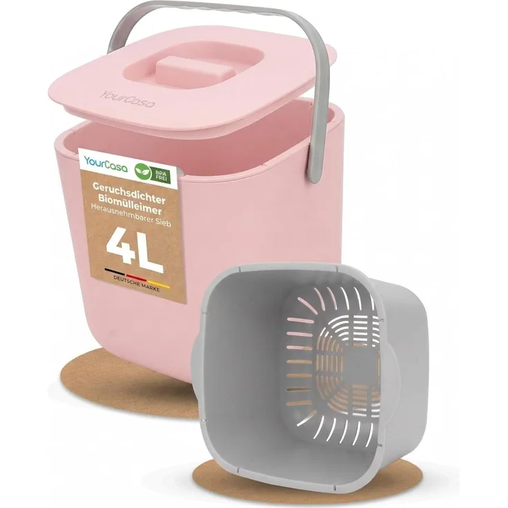 YourCasa Biomülleimer Küche - 4L - Komposteimer für alltäglichen Biomüll Behälter - Spülmaschinenfest - Geruchsdicht - Sieb - Bio Mülleimer klein mit Deckel Eimer Bioabfallbehälter Biotonne (4L Rosa)