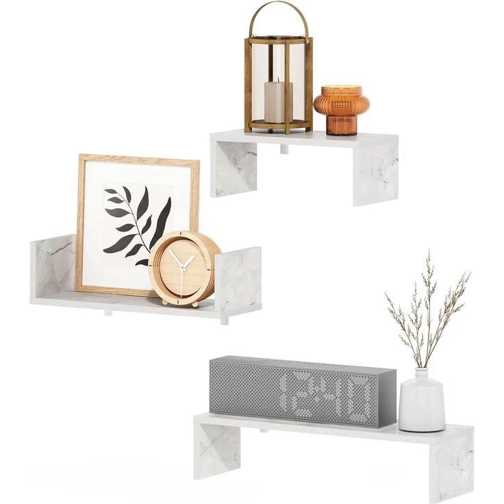 Furinno Rossi Schlafzimmerdekor-Wandregale mit unsichtbaren Halterungen, Marmorweiß, 3er-Set – Bild 3