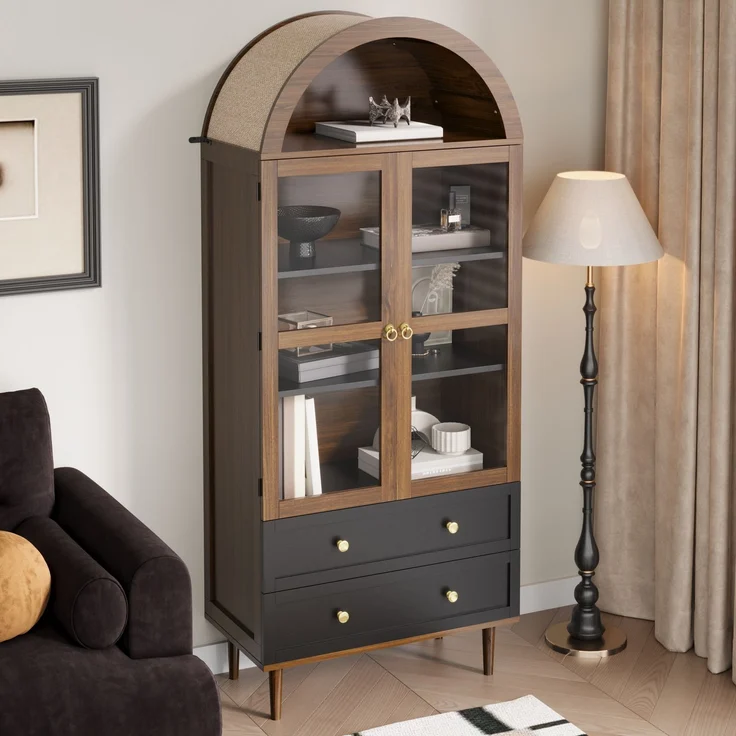 Kommode Aufbewahrungsschrank mit verstellbaren Einlegeböden,Moderner Retro-Aufbewahrungsschrank aus gewölbtem Glas,Verstellbare Regale,Luxuriöses Sideboard--Nussbaum--70x38x168cm--YOUDENOVA – Bild 9