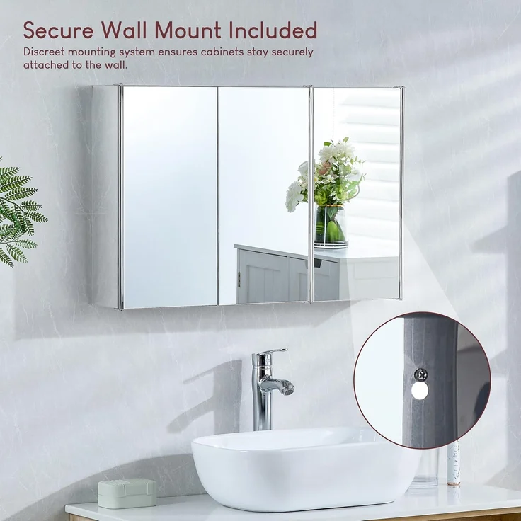 Home Discount Bath Vida Tiano Badezimmerschrank, dreifach verspiegelt, Wandmontage, Edelstahl, moderner Schrank, Glas, Silber, H 45 x W 68 x D 13 cm Approx – Bild 3
