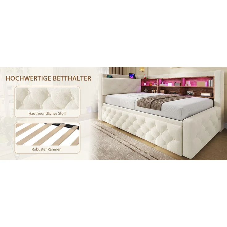 ZUBALIYA Tagesbett, mit Stauraum, mit LED-Beleuchtung, mit USB-C-Anschluss, inklusive Lattenrost, mit Schlaffunktion, Liegefläche 90 × 190 cm, H 84 × T 211 × B 181 cm, Beige, Samt – Bild 16