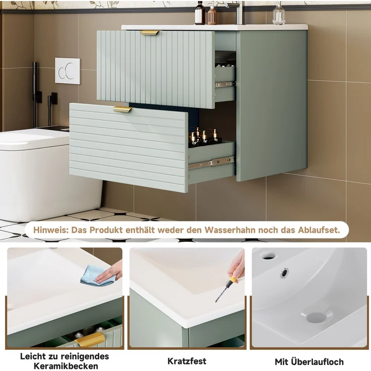 Wandhängender Waschtisch 61 x 46 x 57 cm mit Keramikbecken und zwei Schubladen – Mintgrün – Bild 4