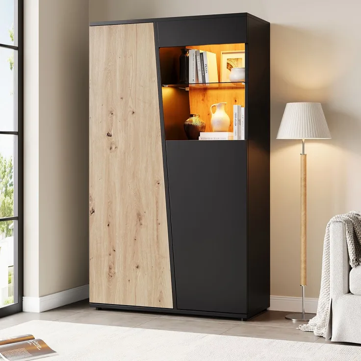 Vitrinenschrank mit LED, Design-Holztür, Glastrennwand Vitrine Schrank,Mehrere Staufächer, Hochschrank Sammlervitrine für Wohnzimmer, Büro, Flur, Schwarz & Holzfarbe,80x35x139.5cm--Schwarz + Natur--80x35x139.5cm--YOUDENOVA